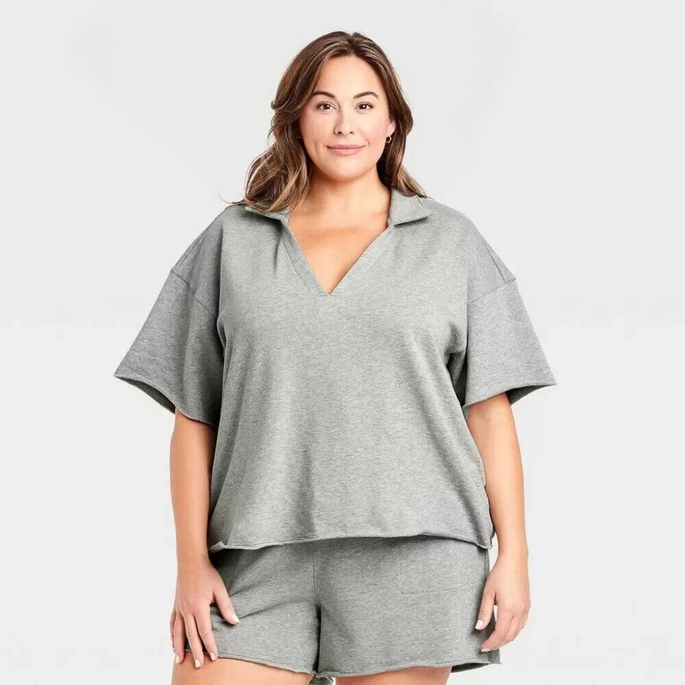 Universal Threads Womens Short Sleeve Collared French Terry Polo Shirt Gray